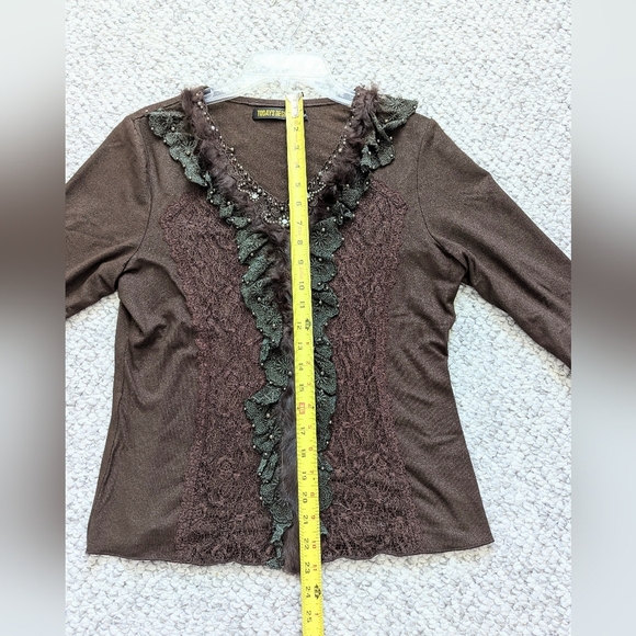 Women's Brown V-Neck Sweater with Beading Faux-Fur & Lace Detailing - Picture 13 of 16